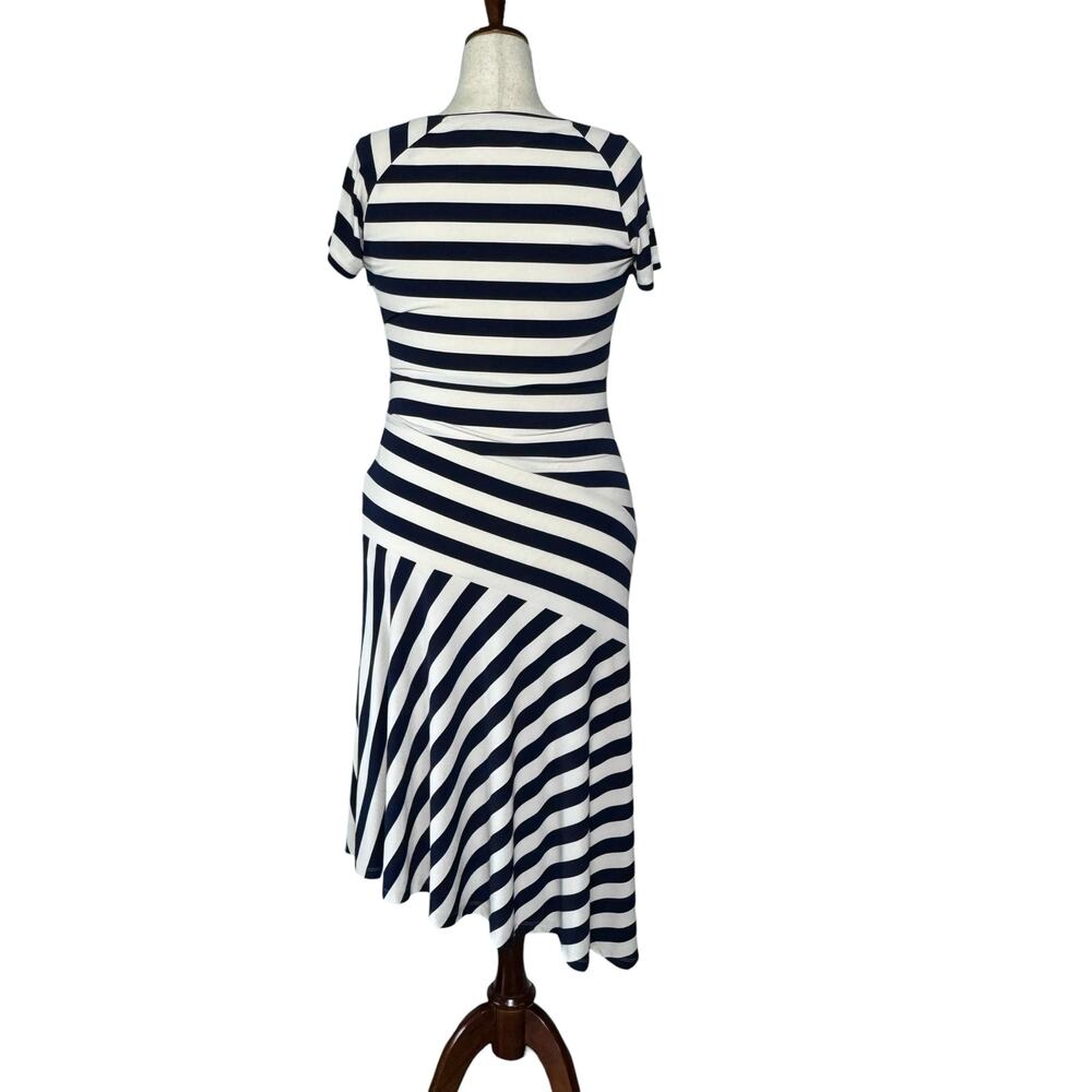 Ralph Lauren Navy White Striped Midi Dress Asymmetrical Hem Stretch Size 10 - Picture 2 of 7